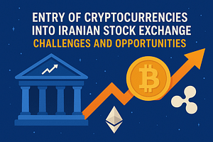 پوستر فانتزی افقی با تیتر انگلیسی «Cryptocurrencies Entering the Iranian Stock Market: Challenges and Opportunities»، شامل نمادهای بورس ایران و ارزهای دیجیتال مانند بیت‌کوین و اتریوم.