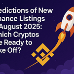 پوستر فانتزی با تیتر انگلیسی «Predictions of New Binance Listings in August 2025: Which Cryptos Are Ready to Take Off?» همراه با نماد بایننس و تصویر یک راکت در حال پرواز در آسمان شب.