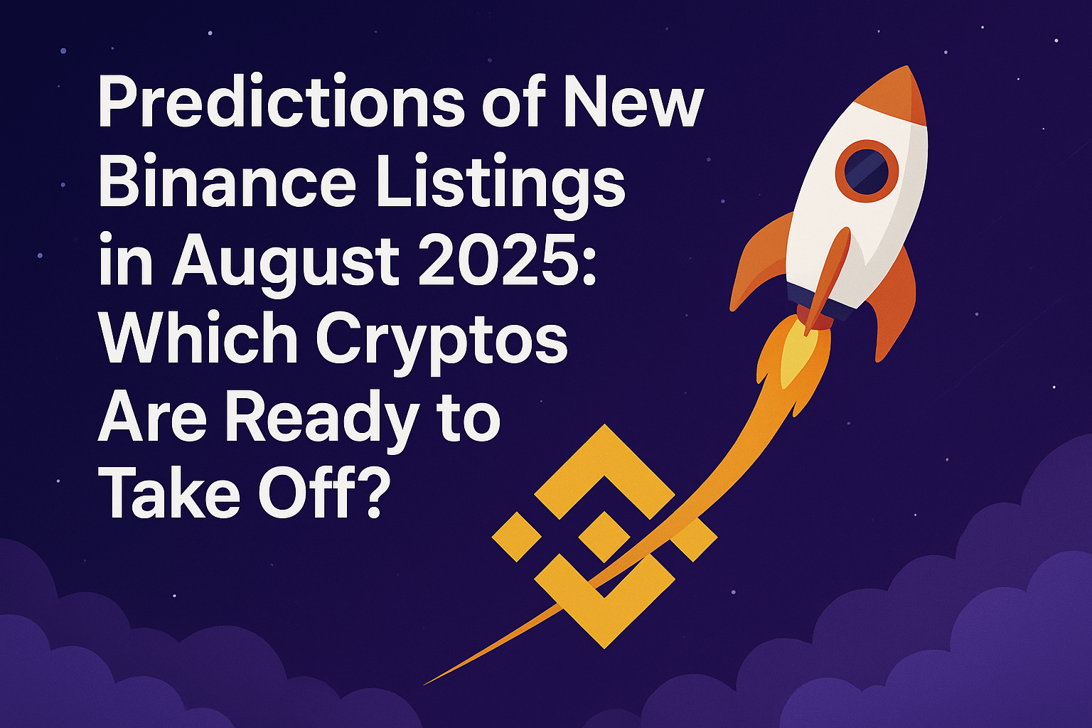 پوستر فانتزی با تیتر انگلیسی «Predictions of New Binance Listings in August 2025: Which Cryptos Are Ready to Take Off?» همراه با نماد بایننس و تصویر یک راکت در حال پرواز در آسمان شب.