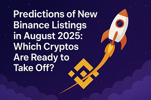 پوستر فانتزی با تیتر انگلیسی «Predictions of New Binance Listings in August 2025: Which Cryptos Are Ready to Take Off?» همراه با نماد بایننس و تصویر یک راکت در حال پرواز در آسمان شب.