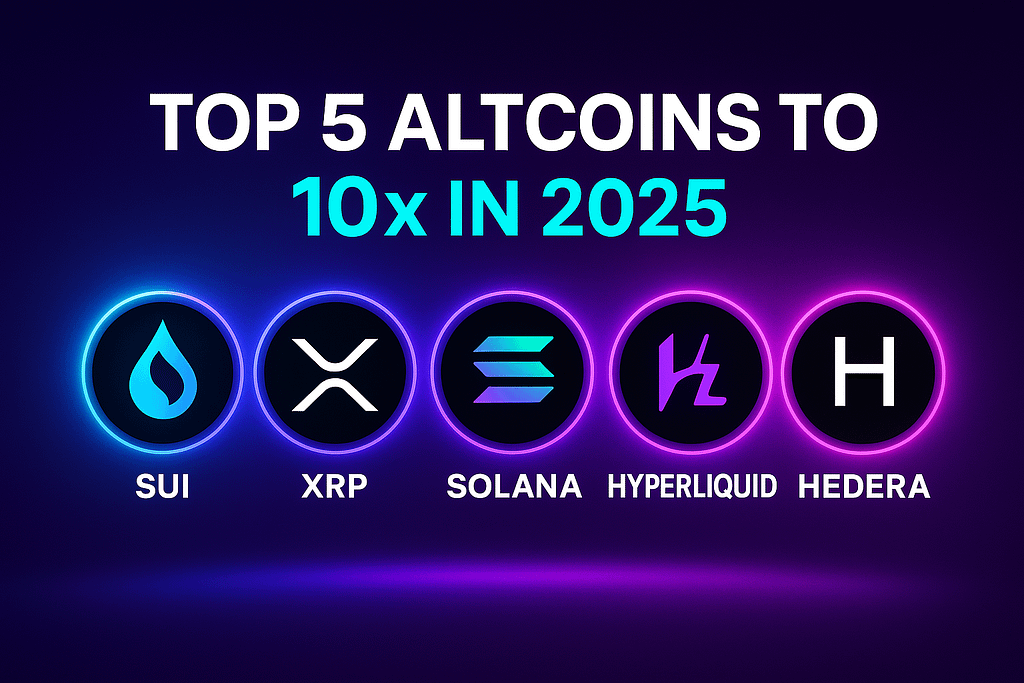 تصویر افقی گرافیکی با عنوان انگلیسی «Top 5 Altcoins to 10x in 2025» همراه با آیکون‌های درخشان رمزارزهای Sui، XRP، Solana، Hyperliquid و Hedera در پس‌زمینه نئونی بنفش-آبی.