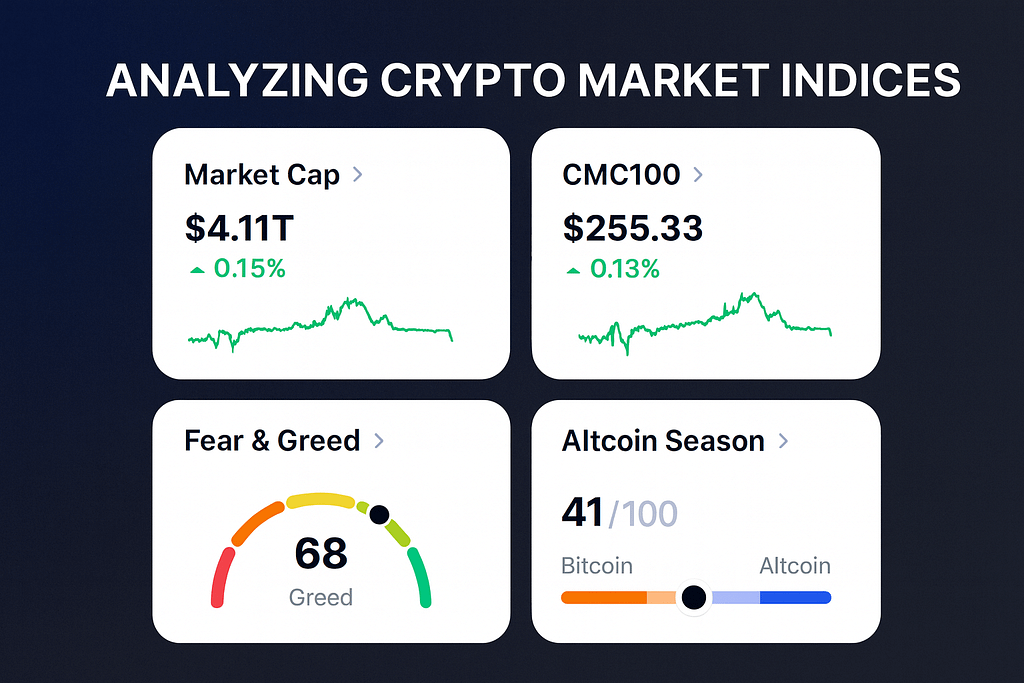 شاخصهای بازار کریپتو | آخرین تحلیل شاخصهای مهم بازار کریپتو را هم اکنون بررسی کنید. 1 نمای گرافیکی شاخصهای کلیدی بازار رمزارزها شامل ارزش بازار، شاخص CMC100، شاخص ترس و طمع، و فصل آلتکوینها – اوت 2025