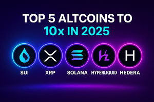 تصویر افقی گرافیکی با عنوان انگلیسی «Top 5 Altcoins to 10x in 2025» همراه با آیکون‌های درخشان رمزارزهای Sui، XRP، Solana، Hyperliquid و Hedera در پس‌زمینه نئونی بنفش-آبی.